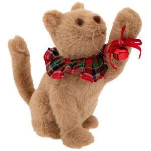 КОЛЕДНО БЕЖОВО МАЛКО КОТЕ С КАРИРАНА ЯКА 25X14X26 СМ