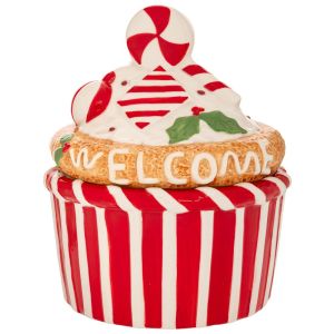 ЧЕРВЕНО-БЯЛ КОЛЕДЕН КЕРАМИЧЕН БУРКАН ЗА БИСКВИТИ С ДИЗАЙН НА КЕКСЧЕТА 18X18X22 СМ