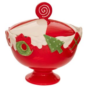 ЧЕРВЕНО-БЯЛА КОЛЕДНА КЕРАМИЧНА КУПА С КАПАК И КОЛЕДНИ ДИЗАЙНИ 22X22X24СМ