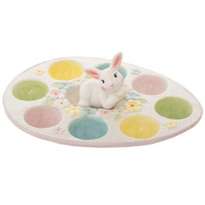 БЯЛА КЕРАМИЧНА ПОСТАВКА ЗА ВЕЛИКДЕНСКИ ЯЙЦА СЪС ЗАЙЧЕ 25Х19Х8,5 СМ