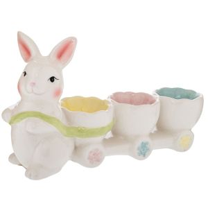 ВЕЛИКДЕНСКА БЯЛА КЕРАМИЧНА ЧИНИЯ С ЯЙЦЕ СЪС ЗАЙЧЕ 21,5 Х 6,5 Х 13 СМ