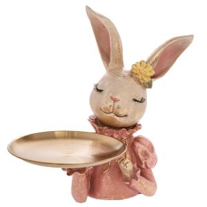 ВЕЛИКДЕНСКО РОЗОВО ЗАЙЧЕ ОТ ПОЛИРЕЗИН СЪС ЗЛАТНА ПОДНОС 26,5X23,5X30,2 СМ