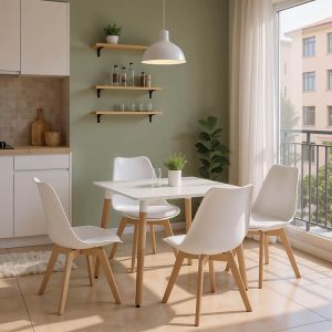 ТРАПЕЗАРИЯ С БЕЛИ СТОЛОВЕ GASTON И БЯЛА МАСА NATALI 80X80X76 СМ, КОМПЛЕКТ ОТ 5 ЧАСТИ