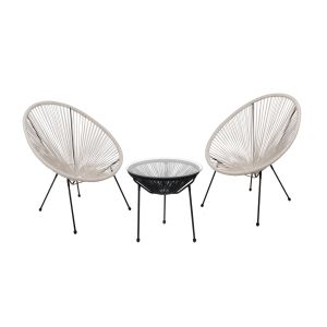 Acapulco garden terrace set: table + 2 armchairs, black metal / white and black rattan