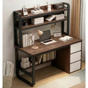 Бюро с 3 чекмеджета и 3 рафта, метал, боядисан в черно, мдф, цвят орех