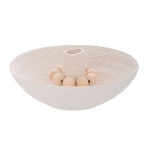 WHITE CERAMIC CANDLEHOLDER WITH WOODEN BEADS 14X14X5.5 CM