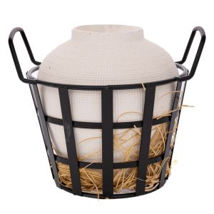 WHITE CERAMIC VASE IN BLACK IRON BASKET WITH HANDLES 31.5X28X28.5 CM