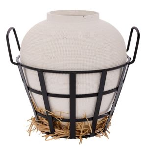 WHITE CERAMIC VASE IN BLACK IRON BASKET WITH HANDLES 39X34.5X33.5 CM