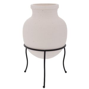 WHITE CERAMIC VASE ON BLACK IRON LEGS 20X20X28 CM