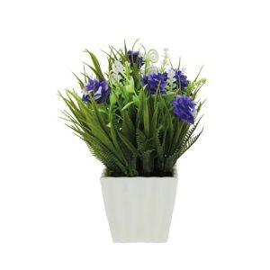 White pot with green and purple flowers - 8x8x21cm 120/box