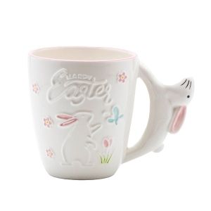 Великденска чаша с дръжка от заек, керамична, бяла, 13.1x9.1x10см