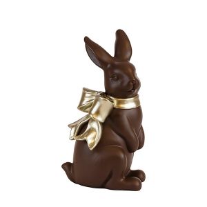Polyresin Easter bunny with gold ribbon, brown 11.5x10x20.8cm