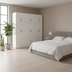 Гардероб с шест врати, чекмеджета и таванско помещение Athos бял 240x42x240см