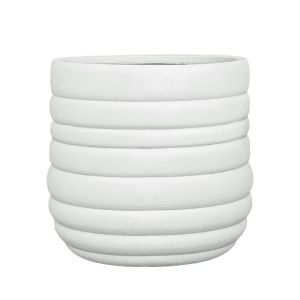 Large flowerpot made of light cement, white, round with lines - Φ54x51cm