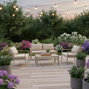 GARDENLY 4-PIECE GARDEN SET, CAPPUCCINO ALUMINUM WITH BEIGE CUSHIONS