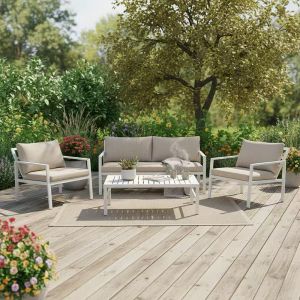 GARDENLY GARDEN SET, 4 PIECES, ALUMINUM, WHITE WITH BEIGE CUSHIONS
