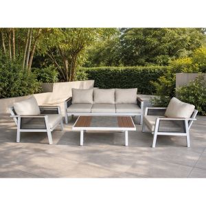 Garden set Toro 4 pcs., white aluminum, anthracite rope braid, natural polywood, max. ecru