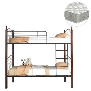 Двуетажно легло с матраци Storey Hm21334 метал и каучуково дърво в орех - за матраци 90x190см.