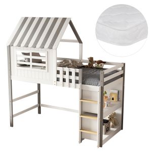 Двуетажно легло със странични рафтове Homi Hm21321 борова дървесина в бяло - за матрак 90x190см.