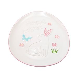 Decorative Easter plate with rabbit, ceramic, white - pink, 20.6x26x1.7cm