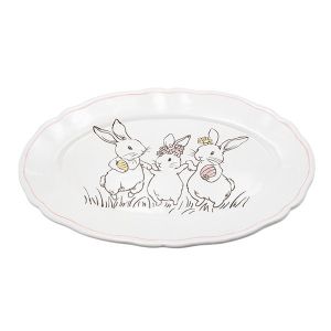 Decorative Easter plate with rabbits, ceramic, white, 25.7x17.6x1.8cm