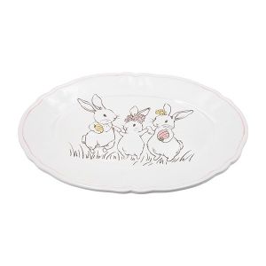 Decorative Easter plate with rabbits, ceramic, white, 30.9x21x2.1cm