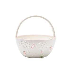 Decorative Easter egg pot with rabbit, ceramic, white - pink, 19.4x19.5x20.2cm