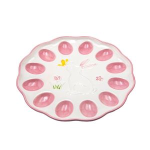 Decorative Easter egg pot with rabbit, ceramic, white - pink, 25.7x2.2cm