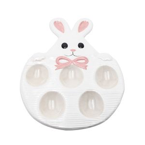 Decorative Easter egg pot with rabbit, ceramic, white - pink, 27x17.8x2.2cm