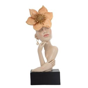 Decoration sculpture woman with peach flowers - black 16.5x10x40.5cm
