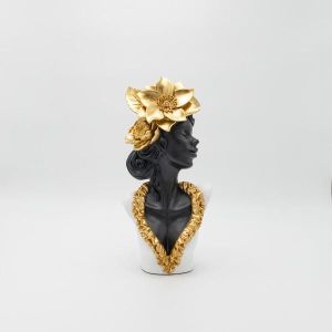 Decoration sculpture woman with flowers black - white - gold 15x9x31.5cm