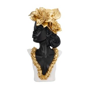 Decoration sculpture woman with flowers black - white - gold 17x12.5x35cm