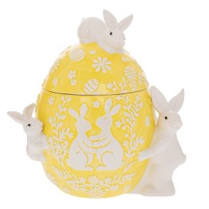 YELLOW CERAMIC EGG-SHAPED COOKIE JAR WITH RABBITS 25X20X30 CM