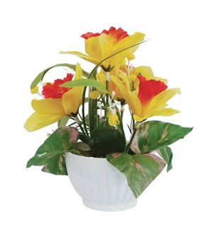 Yellow/white mini flower arrangement in plastic pot - h18 cm