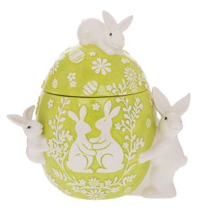 GREEN CERAMIC EGG-SHAPED COOKIE JAR WITH RABBITS 25X20X30 CM