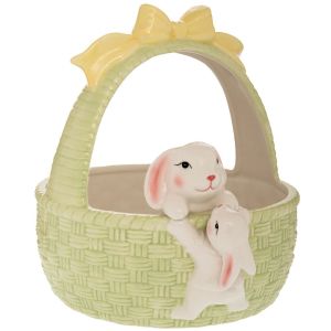 GREEN CERAMIC BASKET WITH BUNNY 24.5X22.5X24.5CM