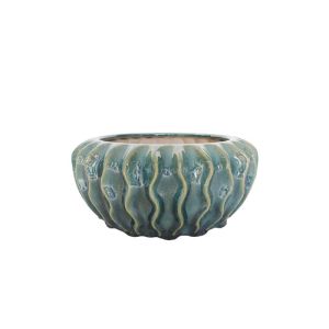 Green oval potted vase with stripes - Φ26x11cm 4/box