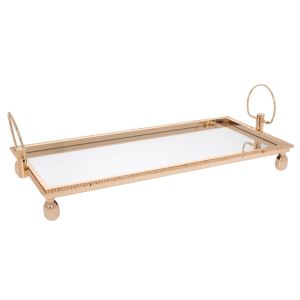 ЗЛАТИСТ МЕТАЛЕН ПОДНОС СЪС СТЪКЛЕНА ПОВЪРХНОСТ 64X27X11 СМ