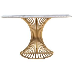 ЗЛАТИСТА МЕТАЛНА КОНЗОЛА С БЯЛА КЕРАМИЧНА ПОВЪРХНОСТ (МРАМОРЕН ЕФЕКТ) 130X40X80 СМ