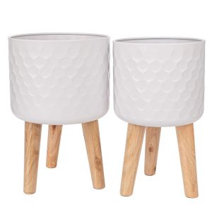 КОМПЛЕКТ 2 БЕЛИ МЕТАЛНИ САКСИИ С ДЪРВЕНИ КРАКА 28X43 25X41 СМ