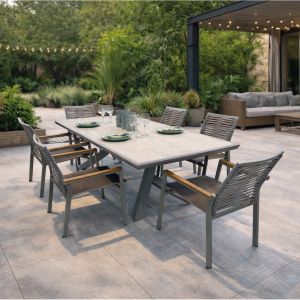 Sierra table and chairs set: table + 6 armchairs, gray aluminum, Psp white oak top