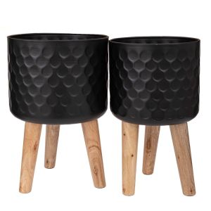 КОМПЛЕКТ ОТ 2 ЧЕРНИ МЕТАЛНИ САКСИИ С ДЪРВЕНИ КРАКА 28X43 25X41 СМ