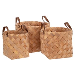SET OF 3 WICKER BASKETS WITH BROWN HANDLES 30X24, 25X22, 20X21 CM