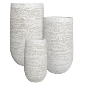 Комплект саксии от влакниста глина/3 високи кръгли бяло-кремави - 1/кутия