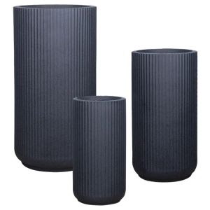 Комплект саксии от фиберглина/3 високи колони от черен гранит - S:φ26x50, M:φ33x63, L:φ41x78xm 18/pal