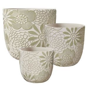 Комплект саксии/3 кръгли бежово/зелени саксии с мотив - Д:φ30.5x31.5, М:φ25x26, Ш:φ20x20.5см 1/кутия
