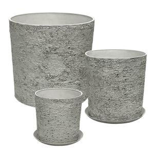 Комплект саксия от камък полисмола с чинии/5 сиви износени камъка - Д:φ43x43, М:φ35x36, Ш:φ28x28см