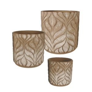 Комплект циментови саксии/3 кафяви релефни листа - д: Φ26x28.5, м: 21x23, ш: 16x18см 112/pal
