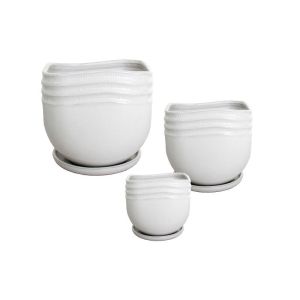 Комплект/3 бели кръгли глинени саксии с чинийки - р: Φ14x14, м: Φ19.5x18.5, д: Φ24x23.5 см 2/кутия