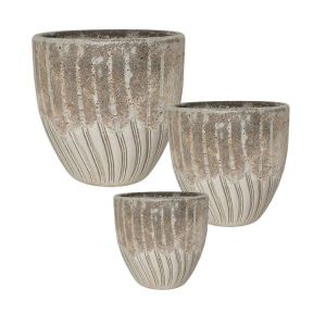 Комплект/3 глинени саксии, бежови, кръгли, антиквани с линии - размери: Φ21.5x20.5, м: Φ26.5x24.5, д: Φ36x31см 63/pal
